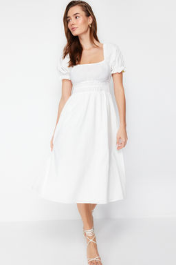 Beyaz Skater/Belden Ac?lan Balon Kollu Astarl? Midi Astarl? Dokuma Elbise TWOSS22EL1768