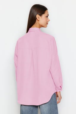 Pembe Pamuklu Oversize Genis Kal?p Dokuma Gomlek TWOSS22GO0669