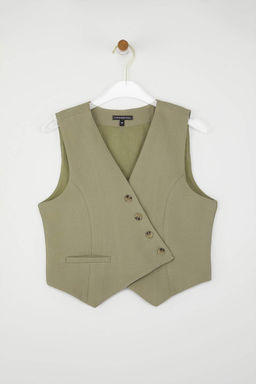 Haki Fitted Keten Gorunumlu Kruvaze Kapamal? Crop Yelek TWOSS25YE00122