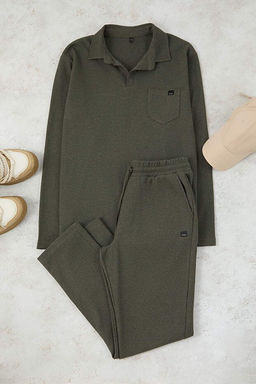 Haki Regular Kesim Polo Yaka Etiket Detayl_ Dokulu Pijama Tak_m_ TMNAW26PT00029