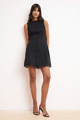 Siyah A-Kesim/Can Form Kay?k Yaka Kolsuz Dantel Detayl? Mini Interlok Orme Elbise TWOSS26EL00253