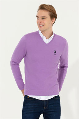 U. S. Polo Assn Мужской базовый трикотажный свитер сиреневого цвета с v-образным вырезом - U.s. polo assn фото 7