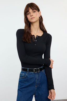 Siyah C?tc?tl? Fitted/Vucuda Oturan Fitilli Esnek Orme Bluz TWOAW25BZ00080