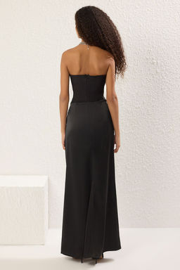 Siyah Straplez Dokuma Uzun S?k Mezuniyet/Balo Abiye Gece Mezuniyet Elbisesi TPRAW25EL00195