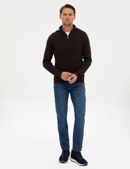 Koyu Kahverengi Slim Fit Dik Yaka Fermuarl_ Triko Kazak - Pierre cardin фото 4