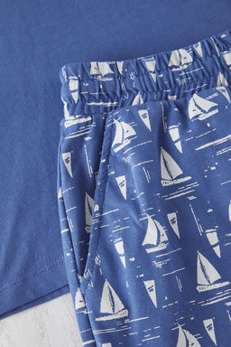 Trendyolmilla Man Mavi Slim Fit Bask?l? Orme Sortlu Pijama Tak?m? TMNSS25PT00031  фото 6