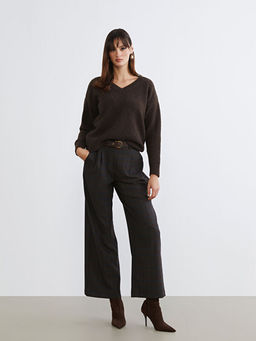 Standart Fit Ekose Kad?n Pileli Pantolon