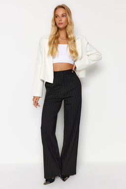 Siyah Cizgili Straight Fit Yuksek Bel Orme Pantolon TWOAW24PL00222