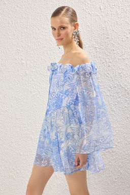 TRENDYOLMILLA Bridal Ekru A-Kesim Astarl? Volanl? Dokuma Sifon K?sa Dugun/Nikah S?k Abiye Elbise TPRSS23EL00096 фото 51