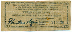 Банкнота 20 сентаво 1943 года Филиппины (Минданао, Администрация США)