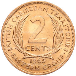 Монета 2 цента 1965 года Британские Восточные Карибы