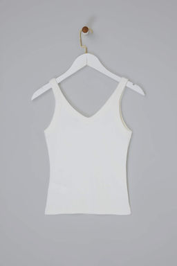 Ekru Regular V Yaka Kal?n Ask?l? Kolsuz Fitilli Esnek Orme Atlet TWOSS26AL00027