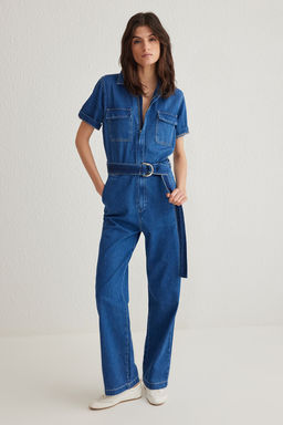 TRENDYOLMILLA Mavi Cep Detayl? Kemerli K?sa Kollu Denim Tulum TWOSS25TU00003