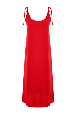 K?rm?z? Duz Kesim Y?rtmacl? Ask?l? Midi Dokuma Elbise TWOSS23EL00413