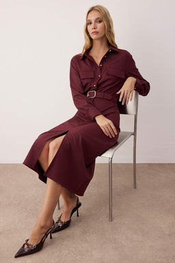 Bordo Kemerli Cep Detayl? Premium Kumas Midi Dokuma Elbise TWOAW26EL00118 - Trendyolmilla фото 2