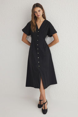 TRENDYOLMILLA Siyah Belden Ac?lan Midi Dokuma Gomlek Elbise TWOSS24EL00052