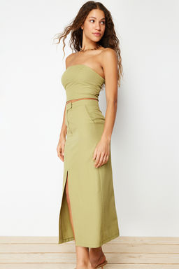 Haki Premium Crop Straplez Dokuma Bluz TWOSS24BZ00242 - Trendyolmilla фото 3