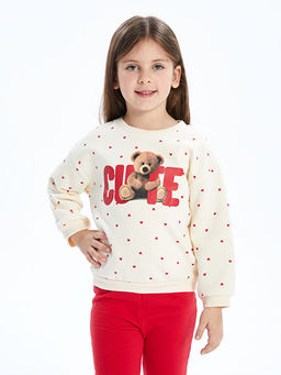 Bisiklet Yaka Kal?n Bask?l? K?z ?ocuk Sweatshirt