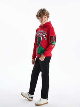 Kap??onlu Y?lba?? Temal? Dinozor Bask?l? Erkek ?ocuk Kal?n Sweatshirt