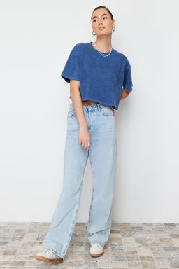 TRENDYOLMILLA Antrasit %100 Pamuk Soluk Efektli S?rt Bask?l? Relaxed Crop Orme T-Shirt TWOSS23TS00116  фото 3