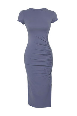 Ac?k Antrasit Fitted/Vucuda Oturan Buzgu ve Y?rtmacl? Midi Pamuklu Esnek Orme Elbise TWOSS23EL00777