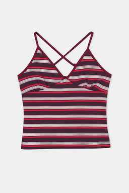 Bordo Cizgili Fitted/Vucuda Oturan V Yaka Ince Ask?l? Kolsuz Pamuk Ribana Orme Bluz TWOSS26BZ00383