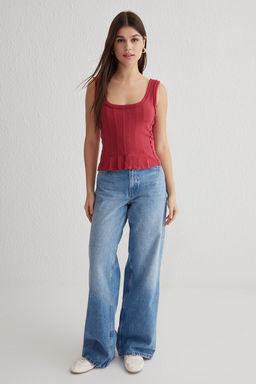 Trendyolmilla Antrasit Pili Detayl? Havuz Yaka Fitted/Vucuda Oturan Orme Bluz TWOSS25BZ00025