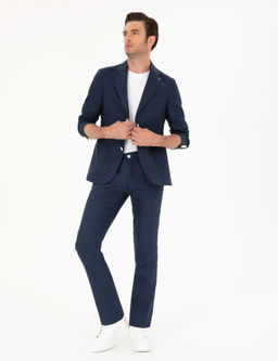 Lacivert Slim Fit %100 Keten Pantolon