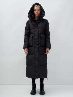 Пальто утепленное стеганное зимнее с капюшоном женское черного цвета 9602Ch - Mtforce фото 6