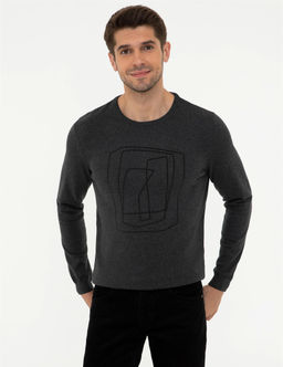 Gri Melanj Slim Fit Bisiklet Yaka Triko Kazak