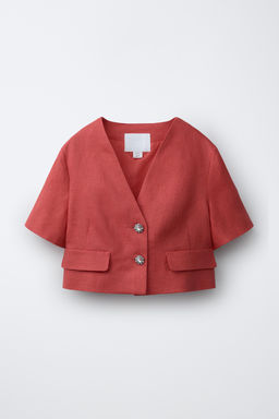BLAZER BOT?N JOYA 100% LINO / Coral rojo