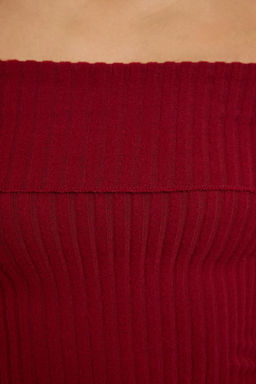 Trendyolmilla Bordo Carmen Yaka Vucuda Oturan Esnek Fitilli Orme Bluz TWOAW25BZ00313  фото 9