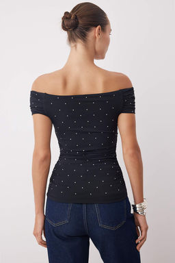 Siyah Tas Bask?l? Carmen Yaka Orme Sandy Party Bluz TPRSS25BZ00055 - Trendyolmilla фото 4