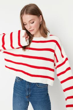Ekru Crop Basic Cizgili Genis Kal?p Triko Kazak TWOAW23KZ00390