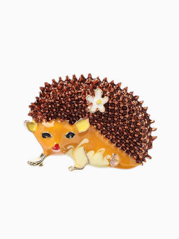 Брошь «Ежик» с цветами, цвет коричнево-оранжевый в золоте