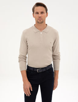Kum Melanj Slim Fit Polo Yaka Fermuarl_ Basic Triko Kazak