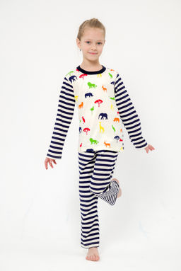 Пижама детская из джемпера и брюк без манжет из интерлока Сафари темно-синий полоса - Амадэль фото 21