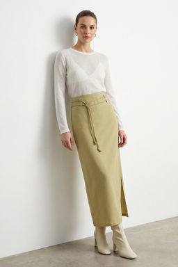 Haki Kordon Kemerli Keten Kar?s?ml? Yandan Y?rtmacl? Maxi Dokuma Etek TWOSS25ET00124