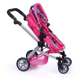 Коляска - трансформер для кукол металлическая, регулируемая ручка, с корзиной,цвет розово-серый