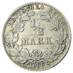 Монета 1/2 марки 1906 года A Германия