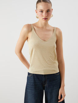 V Yaka Parlak Dokulu Bluz