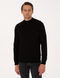 Siyah Slim Fit Yar_m Bal_k__ Yaka Basic Triko Kazak