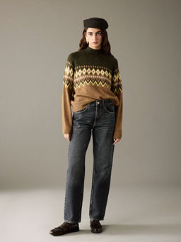 Yar?m Bal?k?? Yaka Desenli Kad?n Triko Kazak