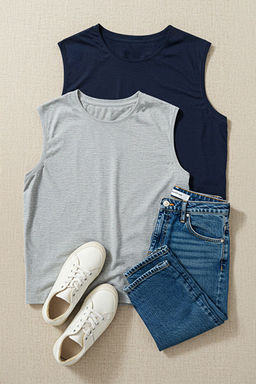 Basic Lacivert-Gri 2li Paket Oversize/Geni_ Kesim Pamuklu Kolsuz T-Shirt/Atlet TMNSS22AL0070