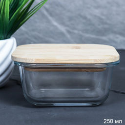 Контейнер квадратный, крышка бамбук 320 мл, стекло / S-320Z /уп 48/