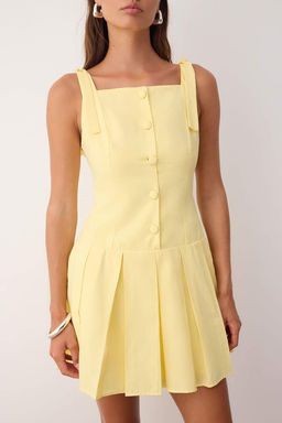 Ac?k Sar? Dugme Detayl? Pileli Dokuma Elbise TWOSS25EL00885 - Trendyolmilla фото 7