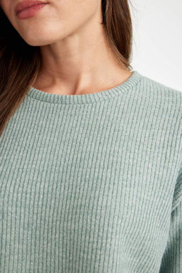 Женский простой свитшот свободного покроя с круглым вырезом в рубчик на бретельках с боковыми разрезами - Defacto фото 5