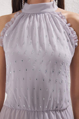 Trendyolmilla Gri Tas Isleme Detayl? Etekleri Volanl? Dokuma Maxi Abiye & Mezuniyet Elbisesi TPRSS25EL00295  фото 3