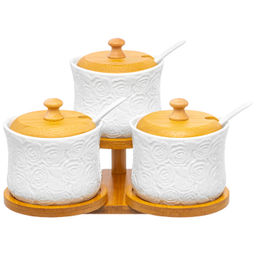 Набор банок д/хранения 3 пр. 250 мл 20,5*17,5*14,5 см "Розы" на дер. подставке + 3 ложки