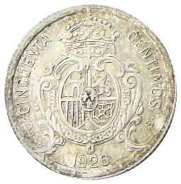 Монета 50 сентимо 1926 года Испания